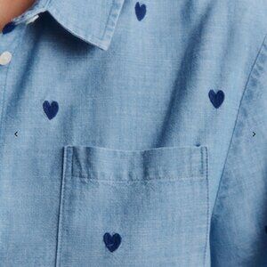 Sezane Chambray Tomboy Shirt with Embroidered Red Hearts
